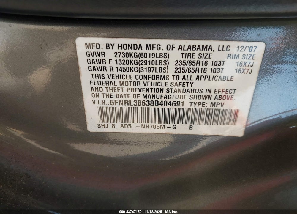 2008 HONDA ODYSSEY EX-L VIN: 5FNRL38638B404691
