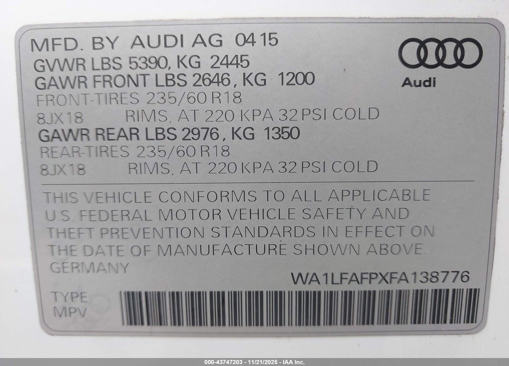 2015 AUDI Q5 2.0T PREMIUM VIN: WA1LFAFPXFA138776