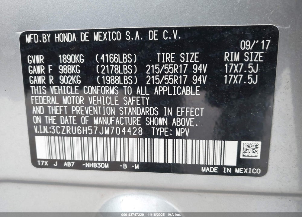 2018 HONDA HR-V VIN: 3CZRU6H57JM704428