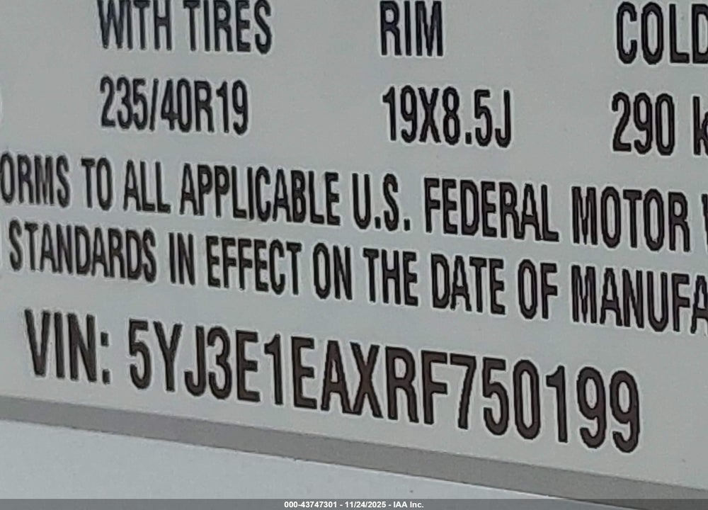 2024 TESLA MODEL 3 LONG RANGE DUAL MOTOR ALL-WHEEL DRIVE/REAR-WHEEL DRIVE VIN: 5YJ3E1EAXRF750199