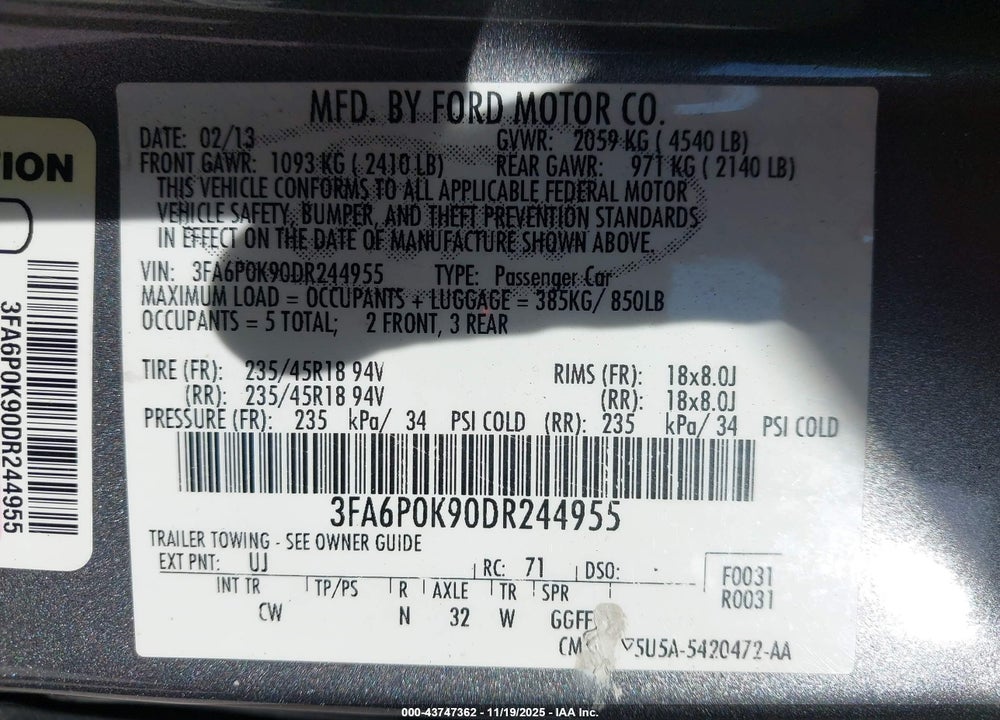 2013 FORD FUSION TITANIUM VIN: 3FA6P0K90DR244955