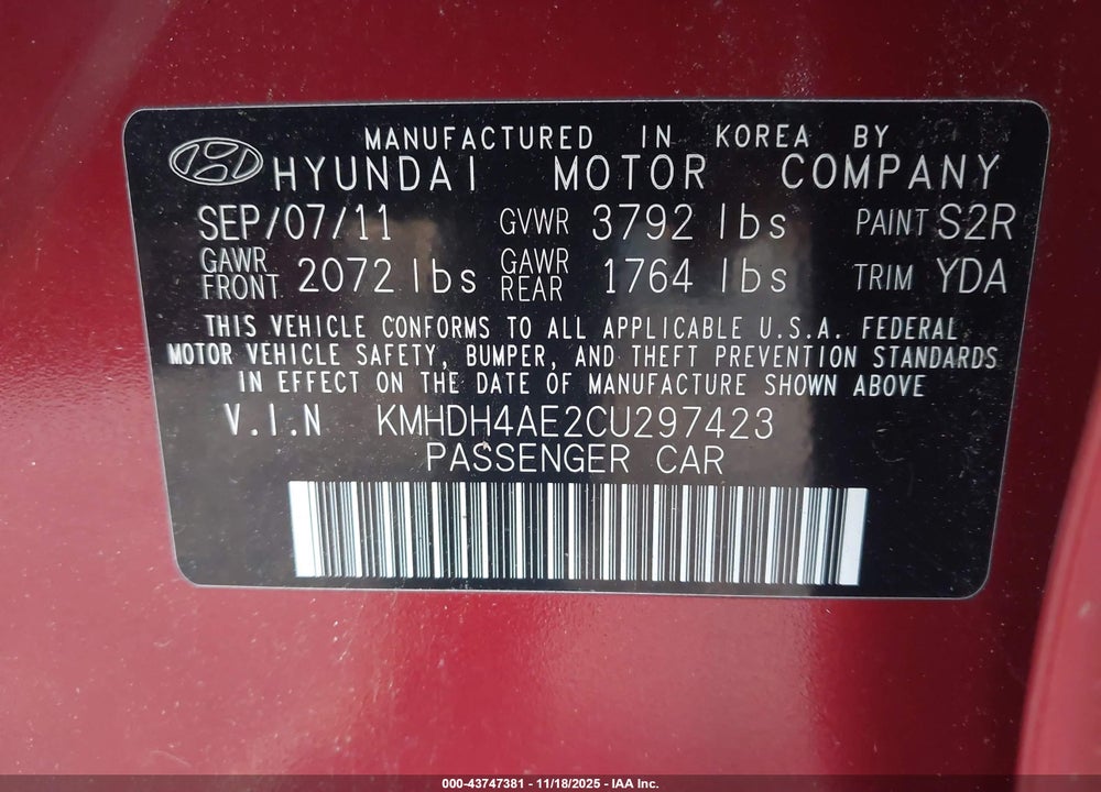 2012 HYUNDAI ELANTRA GLS (ULSAN PLANT) VIN: KMHDH4AE2CU297423