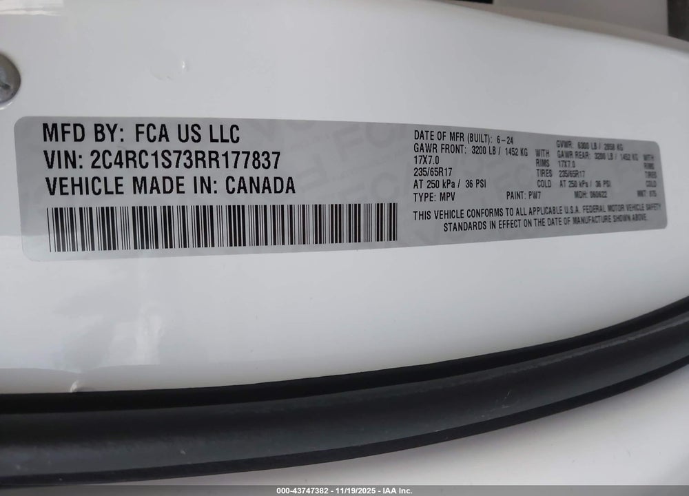 2024 CHRYSLER PACIFICA HYBRID SELECT VIN: 2C4RC1S73RR177837