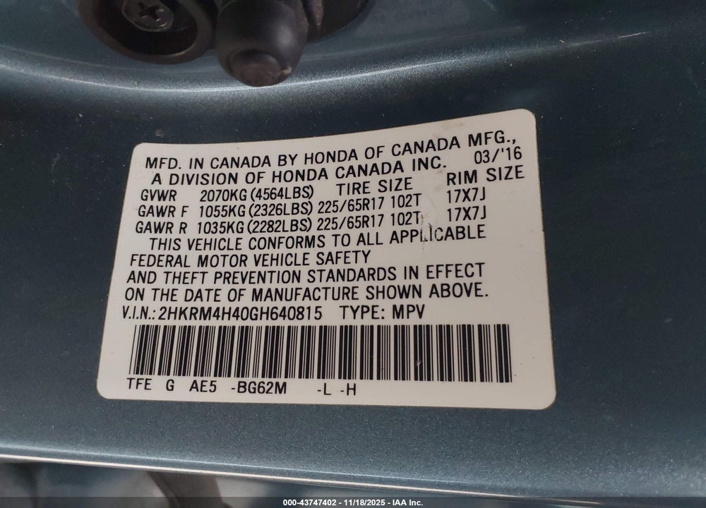 2016 HONDA CR-V SE VIN: 2HKRM4H40GH640815
