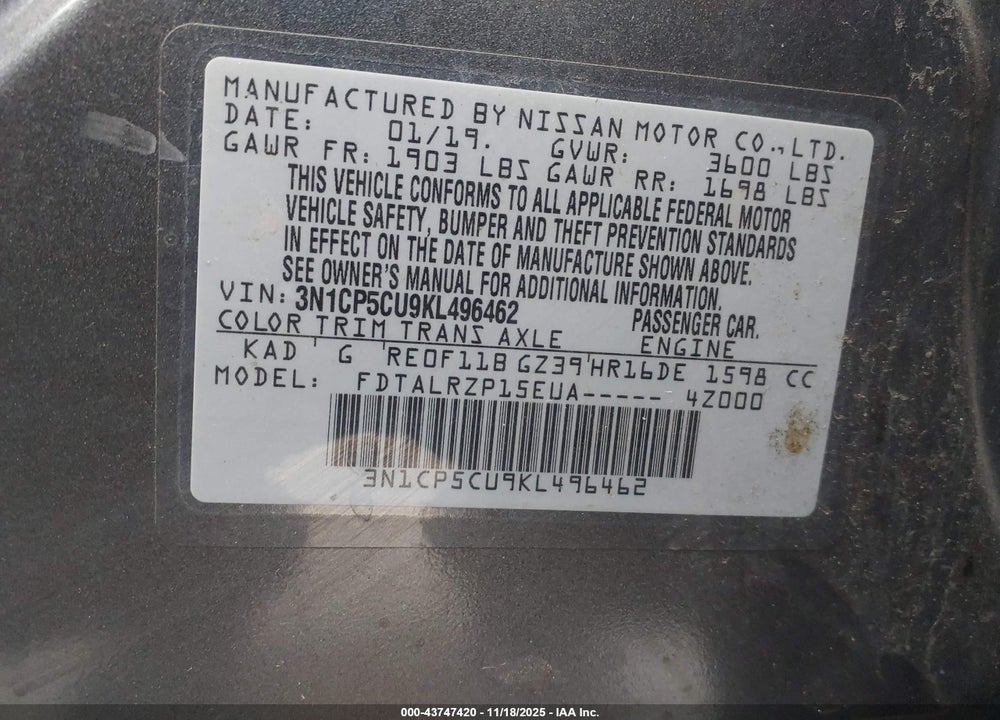 2019 NISSAN KICKS S VIN: 3N1CP5CU9KL496462