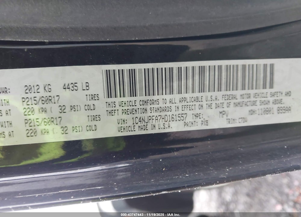 2017 JEEP PATRIOT LATITUDE FWD VIN: 1C4NJPFA7HD161557