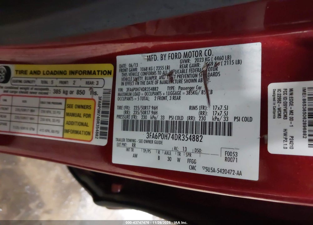 2013 FORD FUSION SE VIN: 3FA6P0H74DR354882