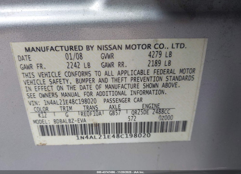 2008 NISSAN ALTIMA 2.5 S VIN: 1N4AL21E48C198020