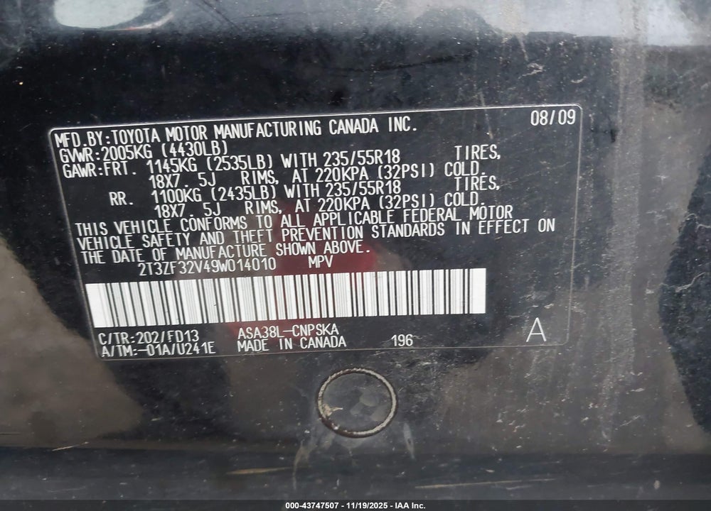 2009 TOYOTA RAV4 SPORT VIN: 2T3ZF32V49W014010