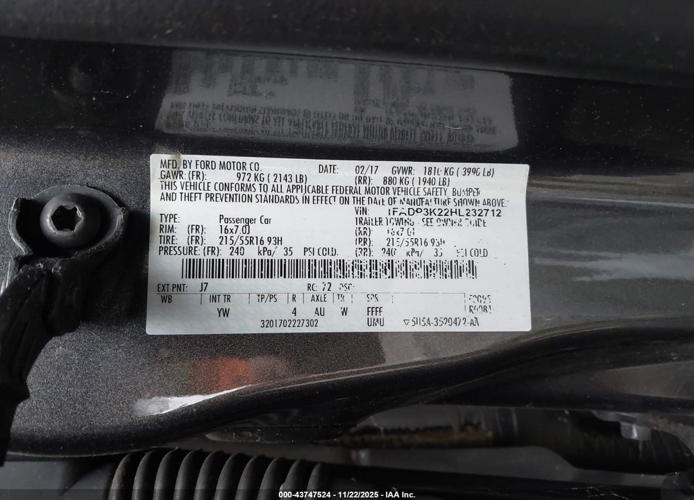 2017 FORD FOCUS SE VIN: 1FADP3K22HL232712