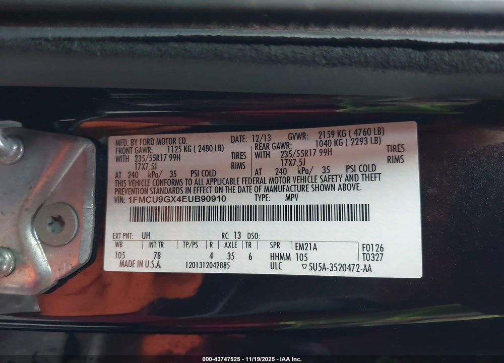 2014 FORD ESCAPE SE VIN: 1FMCU9GX4EUB90910