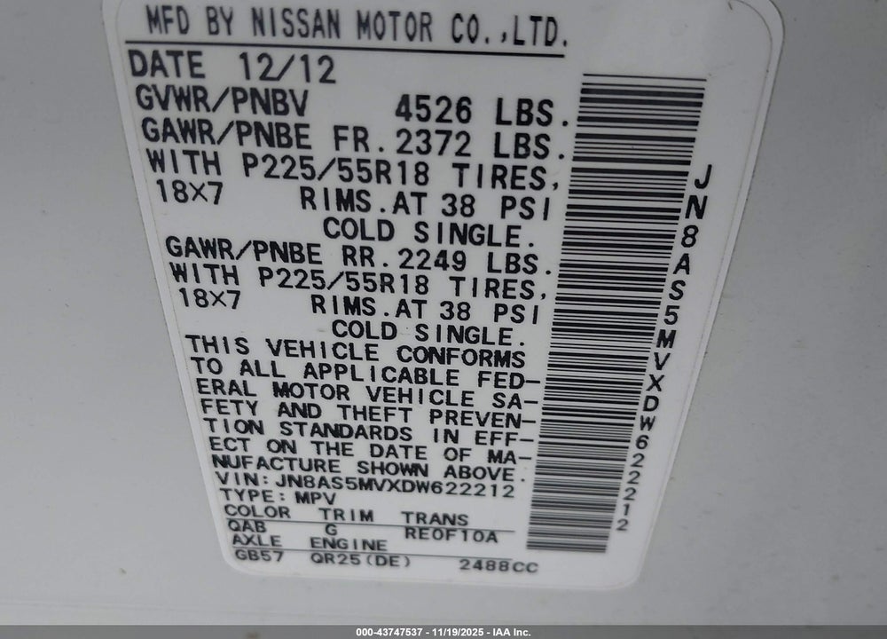 2013 NISSAN ROGUE SV W/SL PKG VIN: JN8AS5MVXDW622212