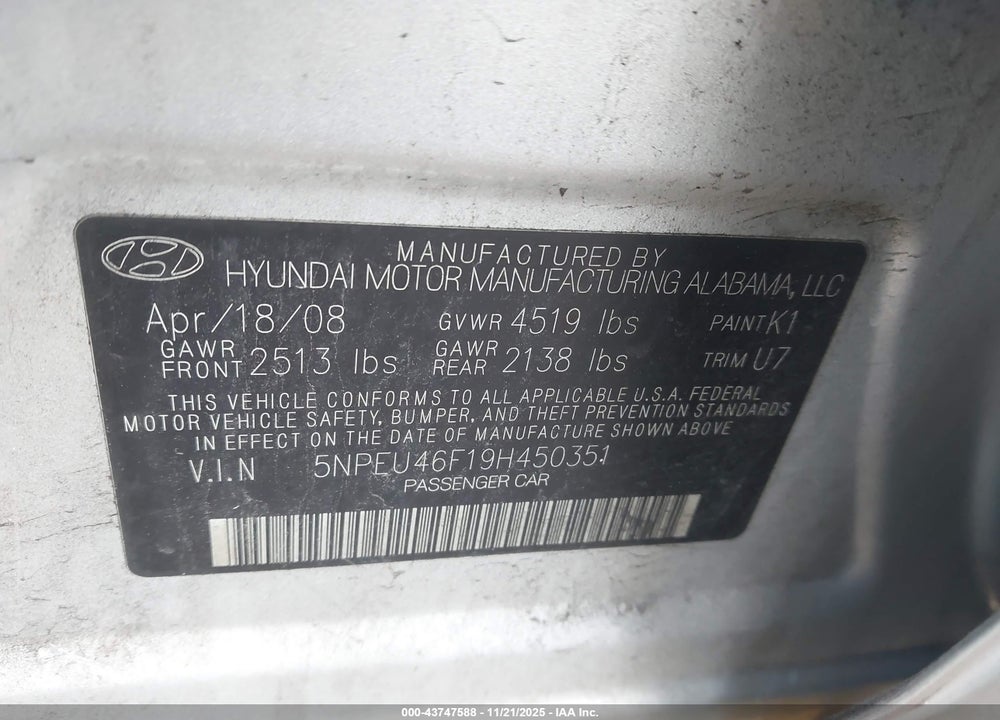 2009 HYUNDAI SONATA VIN: 5NPEU46F19H450351