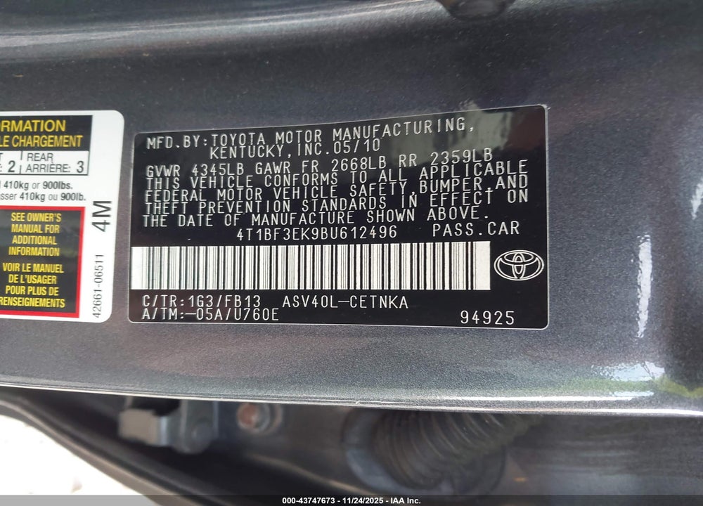 2011 TOYOTA CAMRY LE VIN: 4T1BF3EK9BU612496