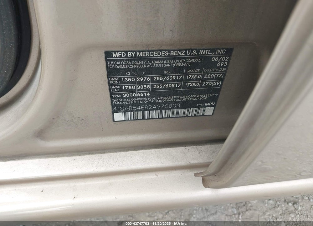 2002 MERCEDES-BENZ ML 320 VIN: 4JGAB54E82A370803