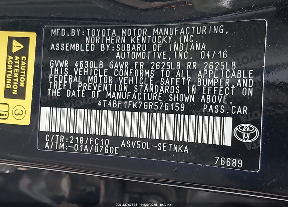 2016 TOYOTA CAMRY LE VIN: 4T4BF1FK7GR576159