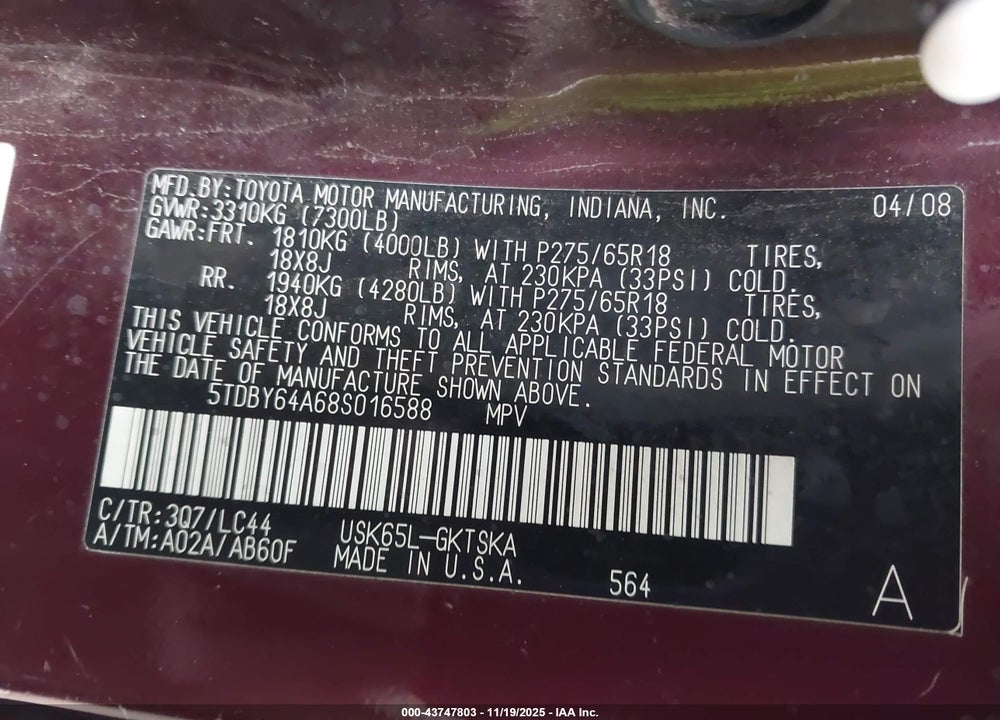 2008 TOYOTA SEQUOIA SR5 5.7L V8 VIN: 5TDBY64A68S016588