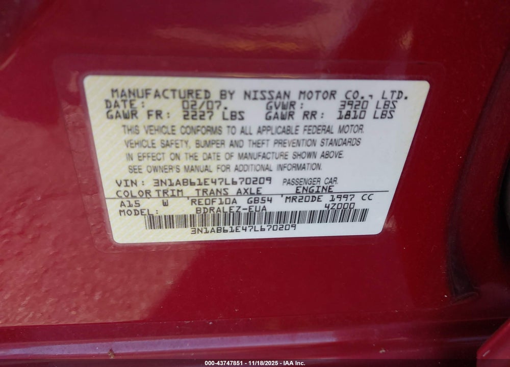 2007 NISSAN SENTRA 2.0S VIN: 3N1AB61E47L670209