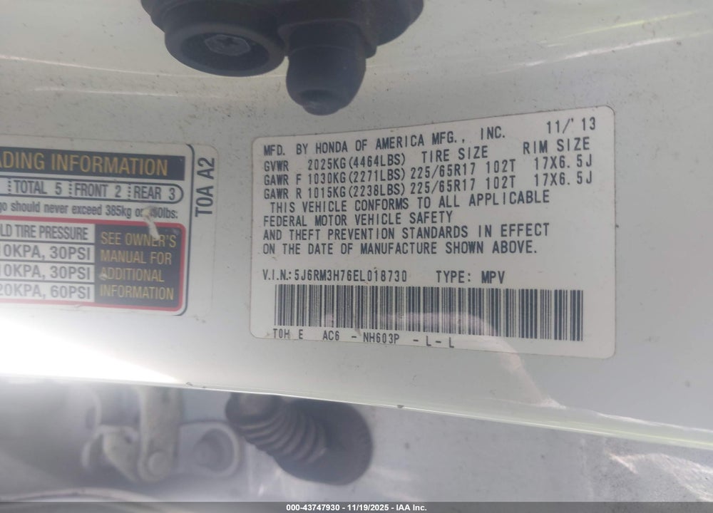 2014 HONDA CR-V VIN: 5J6RM3H76EL018730