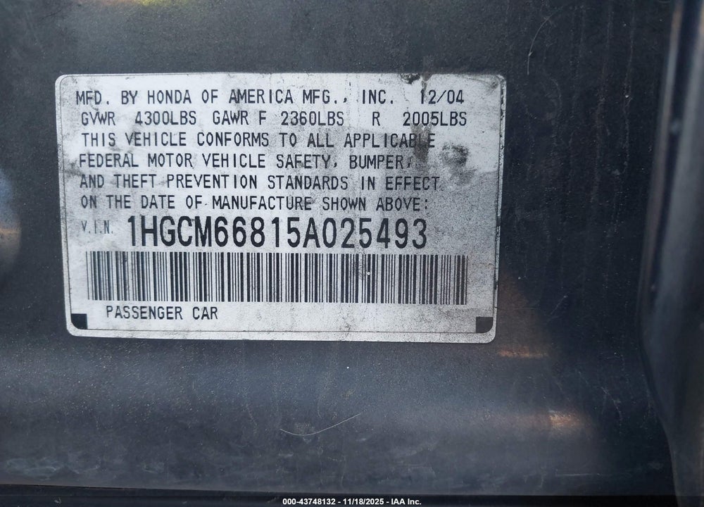2005 HONDA ACCORD 3.0 EX VIN: 1HGCM66815A025493