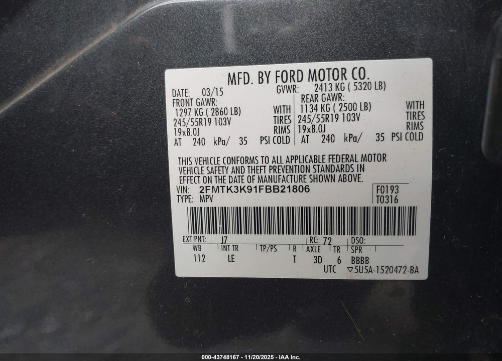 2015 FORD EDGE TITANIUM VIN: 2FMTK3K91FBB21806