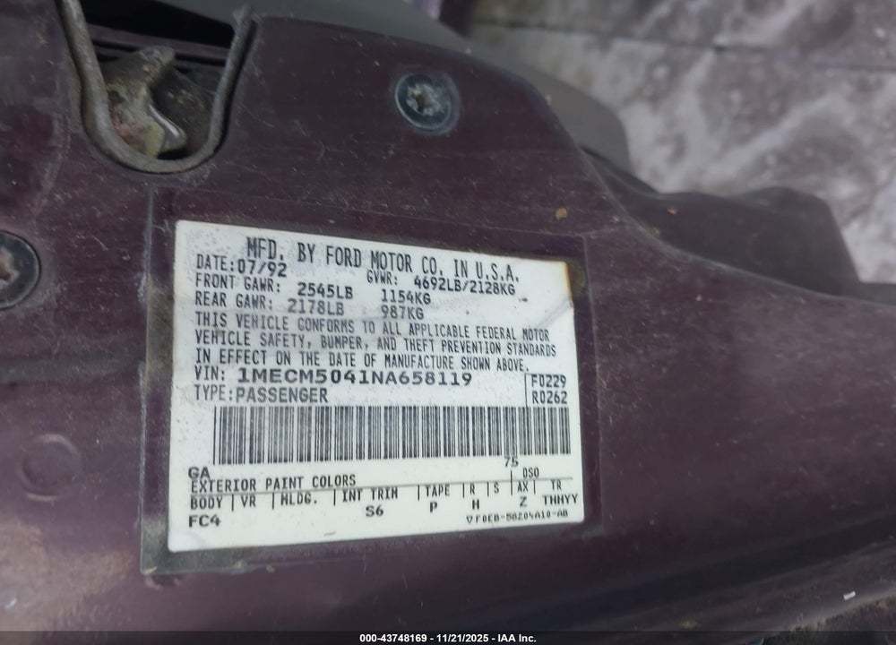 1992 MERCURY SABLE GS VIN: 1MECM5041NA658119