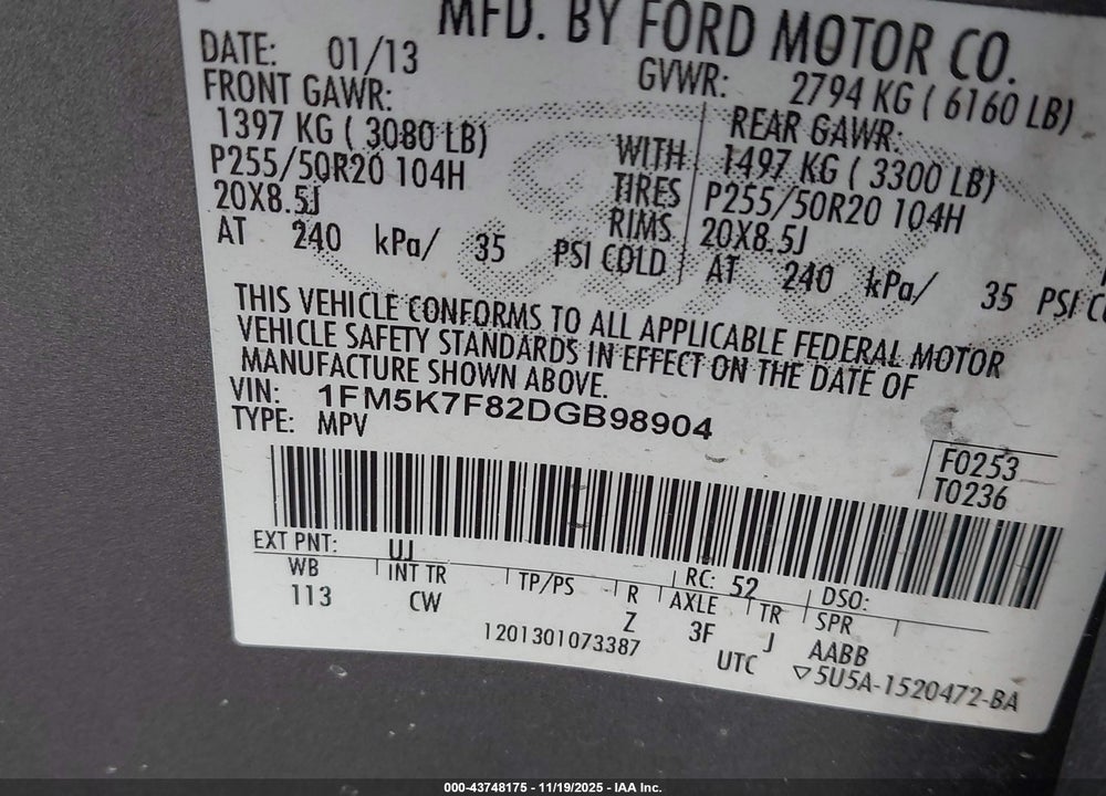 2013 FORD EXPLORER LIMITED VIN: 1FM5K7F82DGB98904