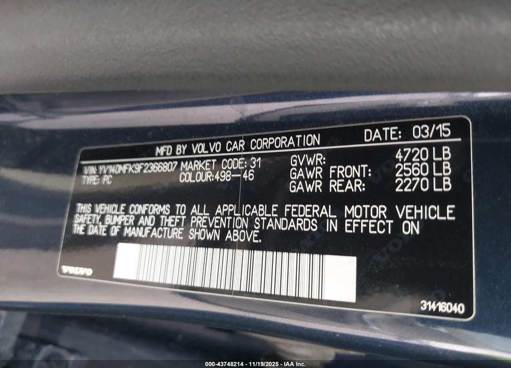 2015 VOLVO S60 T5 PREMIER VIN: YV140MFK9F2366807