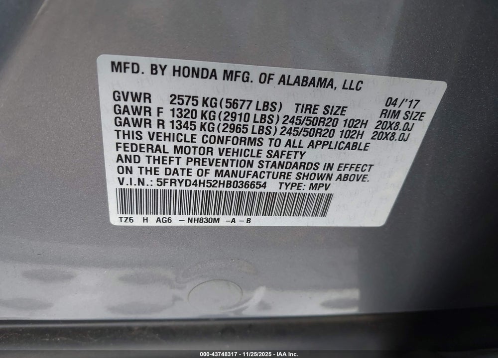 2017 ACURA MDX VIN: 5FRYD4H52HB036654