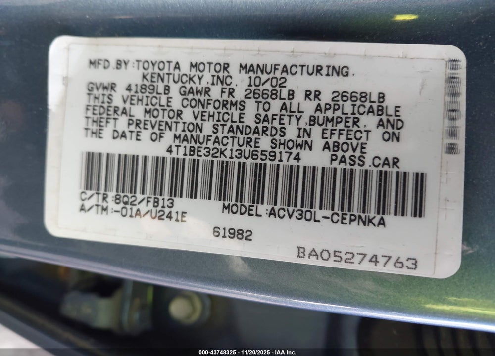 2003 TOYOTA CAMRY LE VIN: 4T1BE32K13U659174