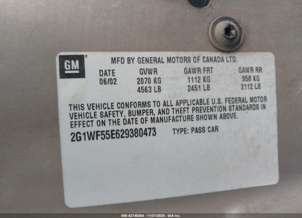 2002 CHEVROLET IMPALA VIN: 2G1WF55E629380473
