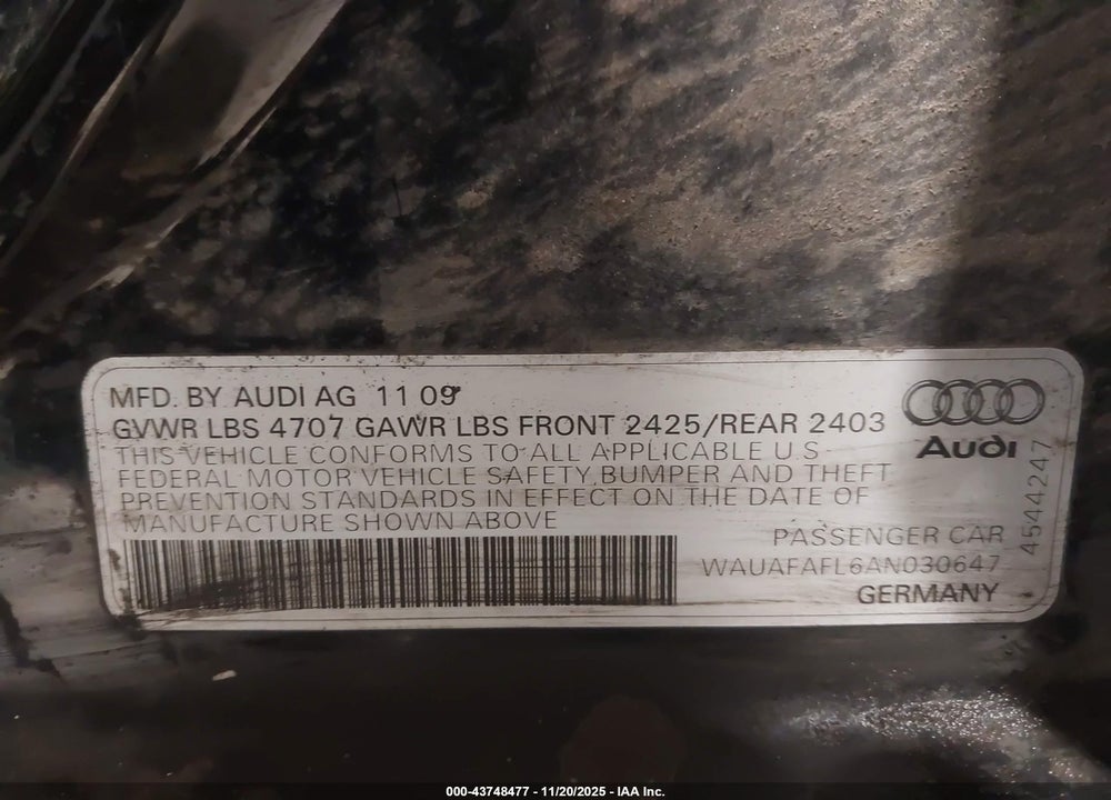 2010 AUDI A4 2.0T PREMIUM VIN: WAUAFAFL6AN030647