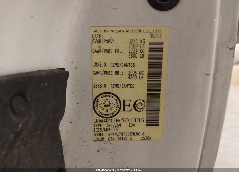 2014 NISSAN TITAN PRO-4X/S/SV VIN: 1N6AA0CC5EN501335