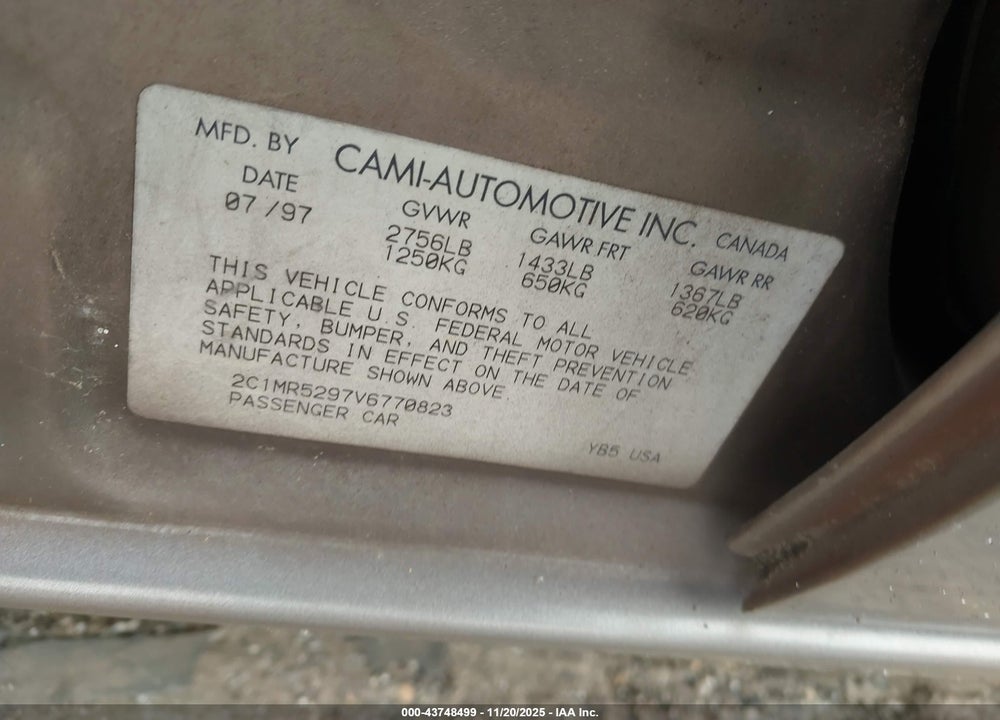 1997 GEO METRO LSI VIN: 2C1MR5297V6770823