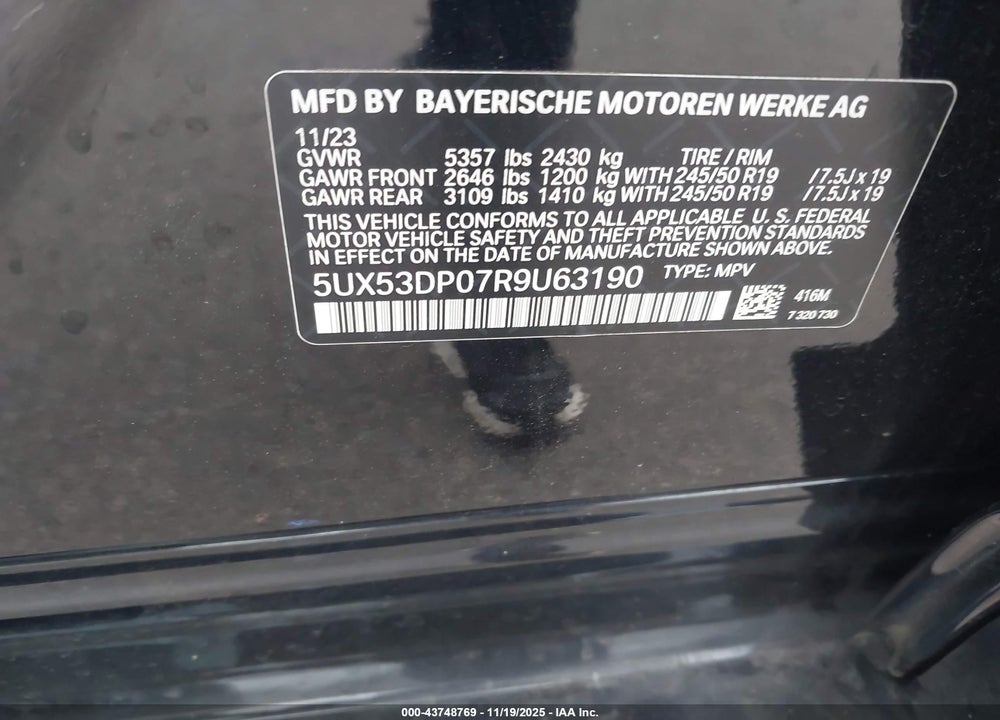2024 BMW X3 XDRIVE30I VIN: 5UX53DP07R9U63190