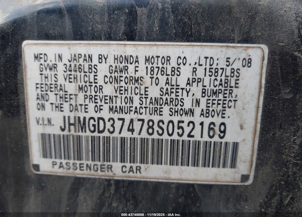 2008 HONDA FIT VIN: JHMGD37478S052169