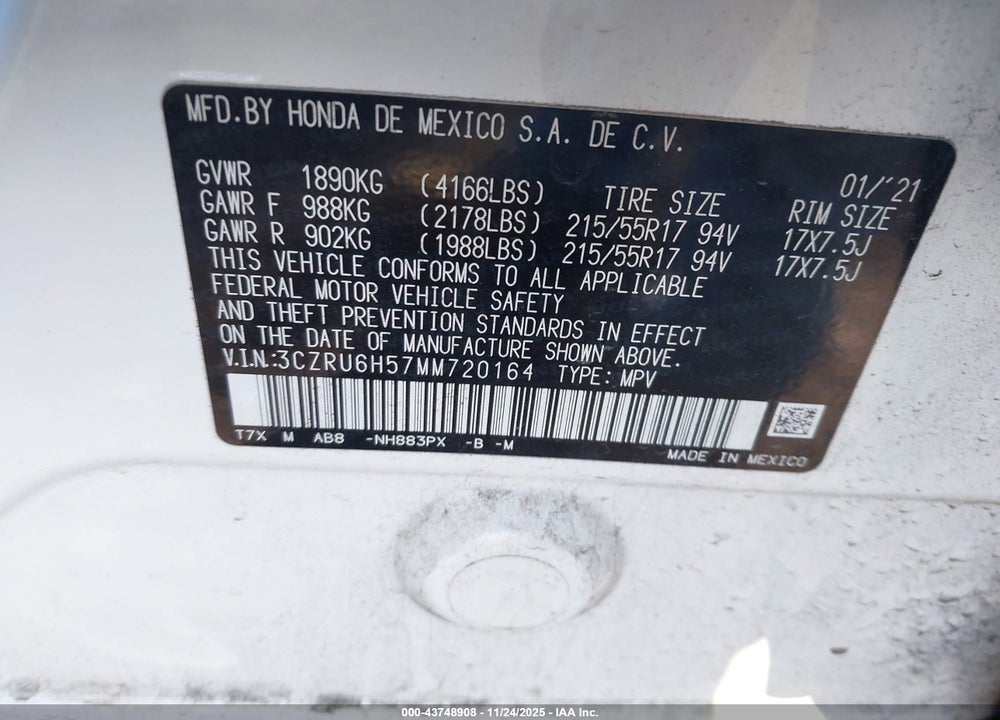 2021 HONDA HR-V AWD EX VIN: 3CZRU6H57MM720164