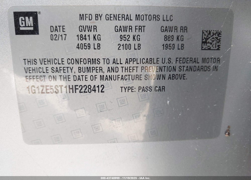 2017 CHEVROLET MALIBU 1LT VIN: 1G1ZE5ST1HF228412