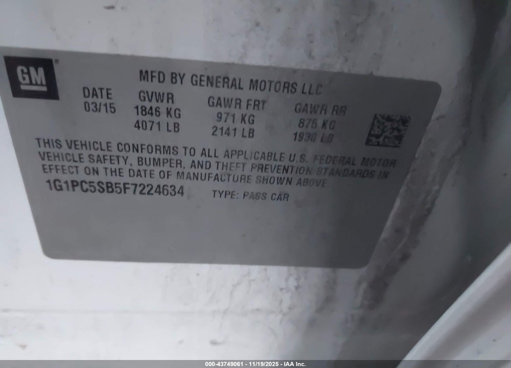 2015 CHEVROLET CRUZE 1LT AUTO VIN: 1G1PC5SB5F7224634