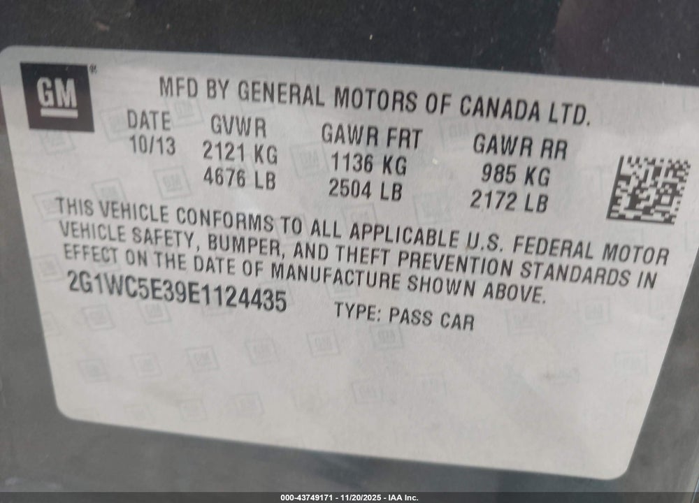 2014 CHEVROLET IMPALA LIMITED VIN: 2G1WC5E39E1124435