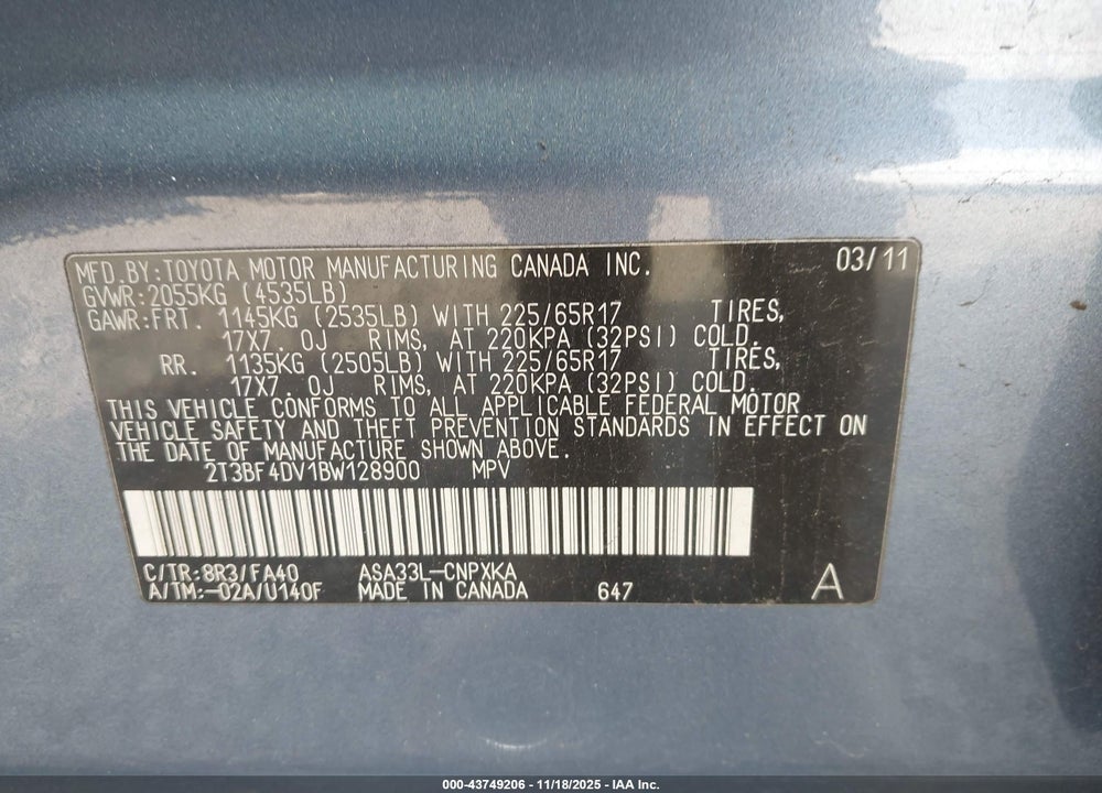 2011 TOYOTA RAV4 VIN: 2T3BF4DV1BW128900