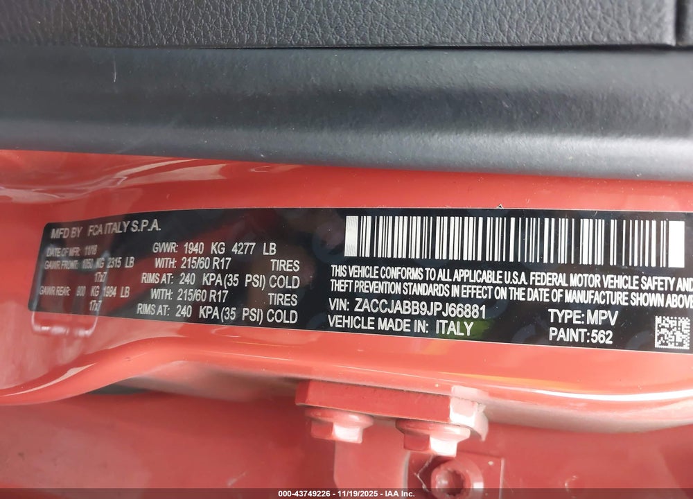 2018 JEEP RENEGADE LATITUDE FWD VIN: ZACCJABB9JPJ66881