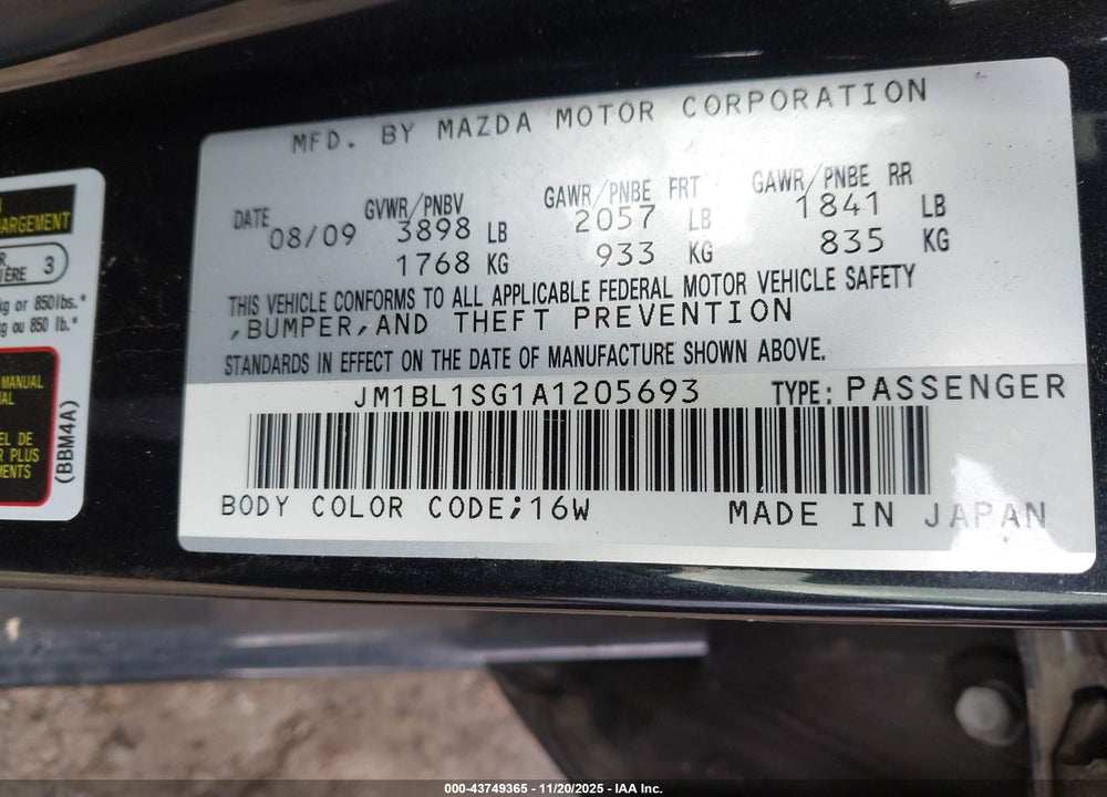 2010 MAZDA 3 I TOURING VIN: JM1BL1SG1A1205693