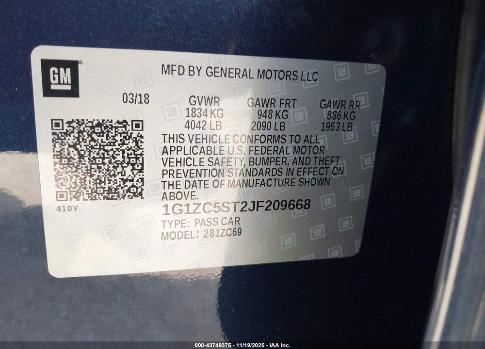 2018 CHEVROLET MALIBU 1FL VIN: 1G1ZC5ST2JF209668