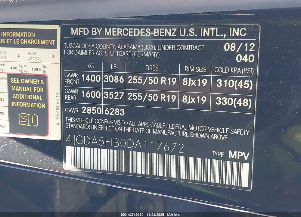 2013 MERCEDES-BENZ ML 350 4MATIC VIN: 4JGDA5HB0DA117672