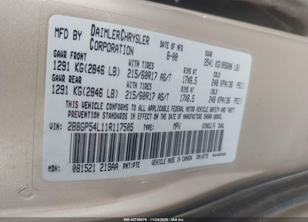2001 DODGE GRAND CARAVAN ES VIN: 2B8GP54L11R117505