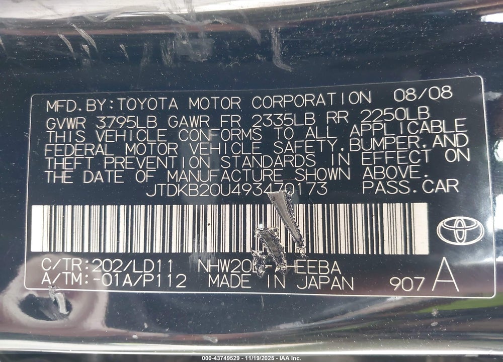 2009 TOYOTA PRIUS VIN: JTDKB20U493470173