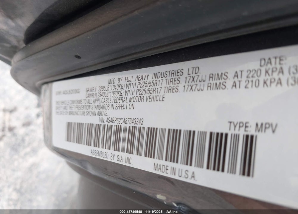 2008 SUBARU OUTBACK 2.5I LIMITED/2.5I LIMITED L.L. BEAN EDITION VIN: 4S4BP62C487343343