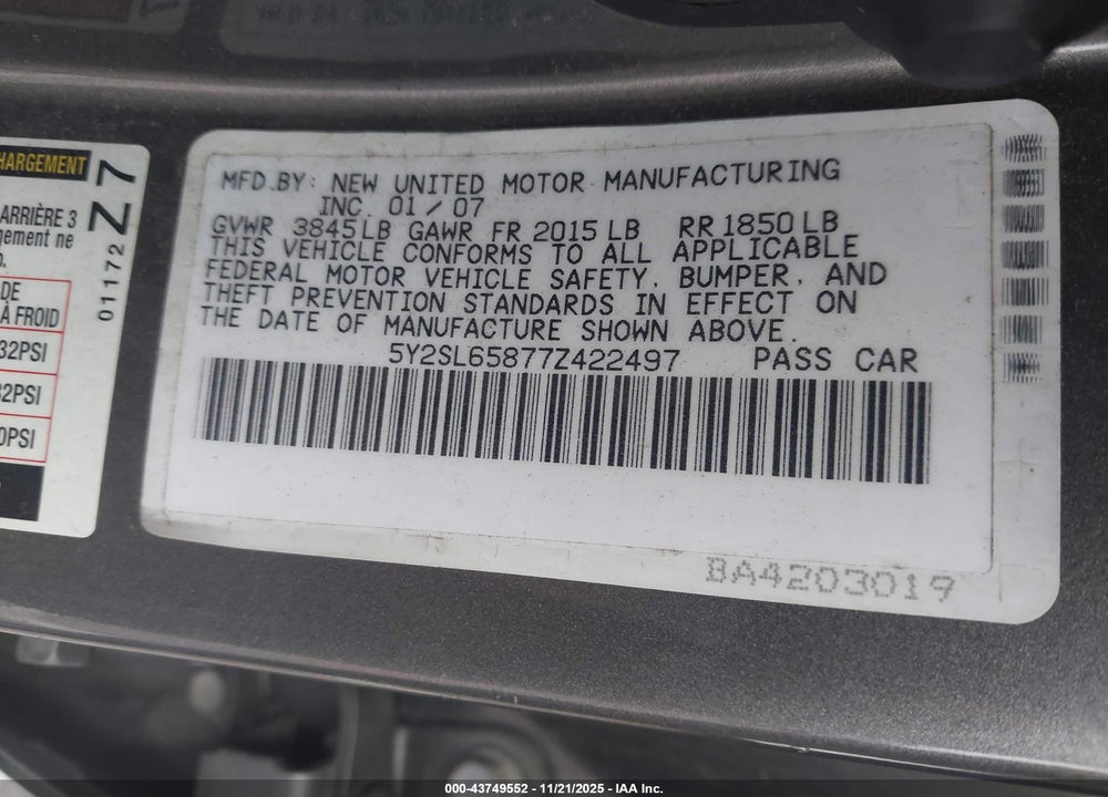 2007 PONTIAC VIBE VIN: 5Y2SL65877Z422497