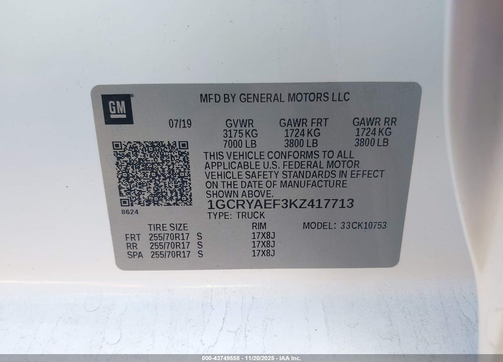 2019 CHEVROLET SILVERADO 1500 WORK TRUCK VIN: 1GCRYAEF3KZ417713